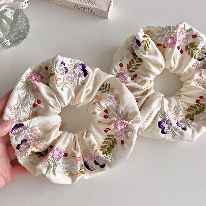 Women's Spring Cloth Hair Tie Colorful Pastoral Floral Embroidery