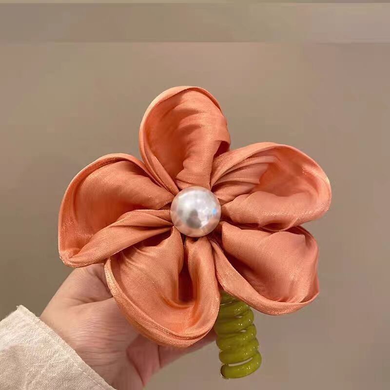 Women's High Elastic Pearl Telephone Cord Hair Tie Holiday Floral Scrunchie