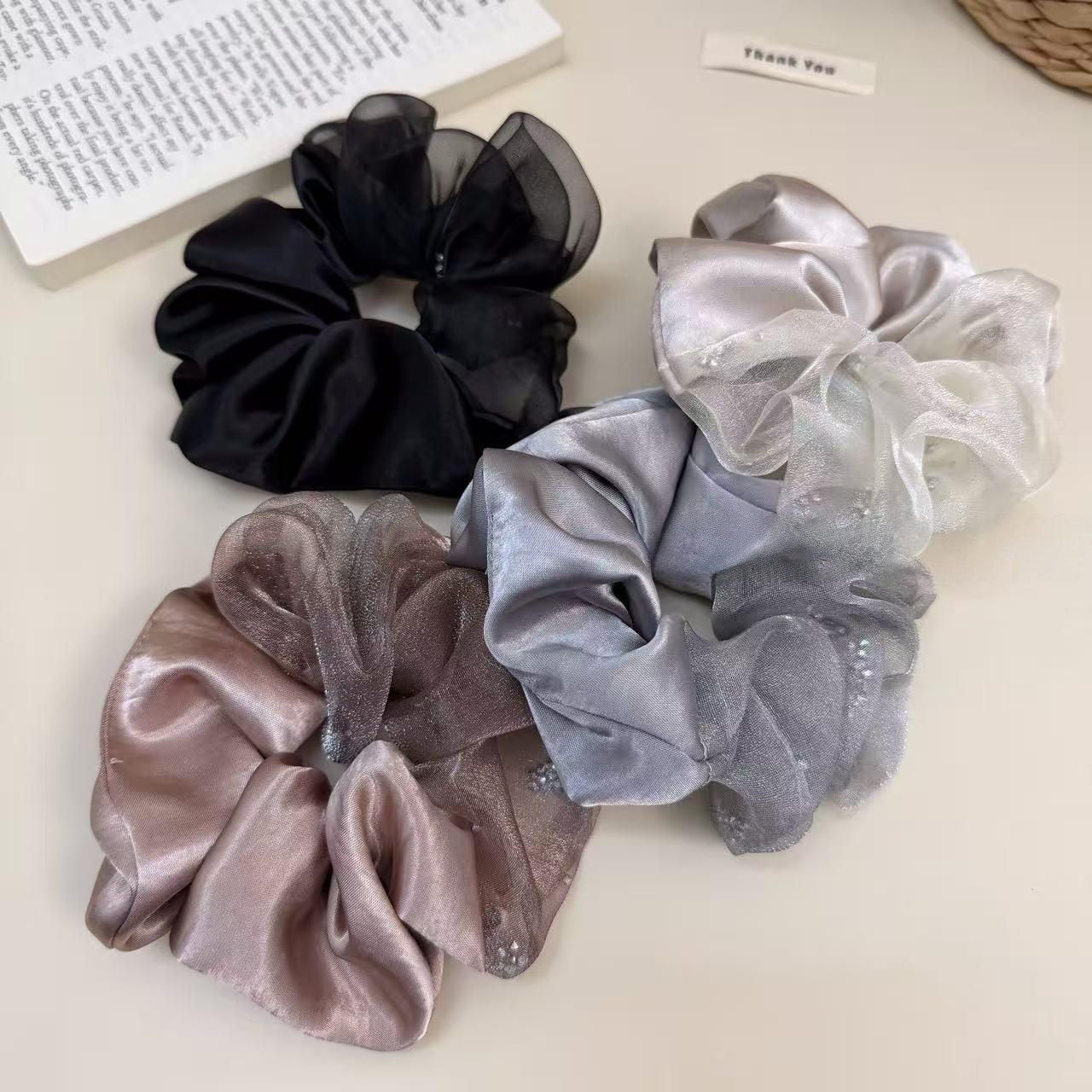 Women's Everyday Satin Gauze Scrunchie Hair Tie Beige Patchwork