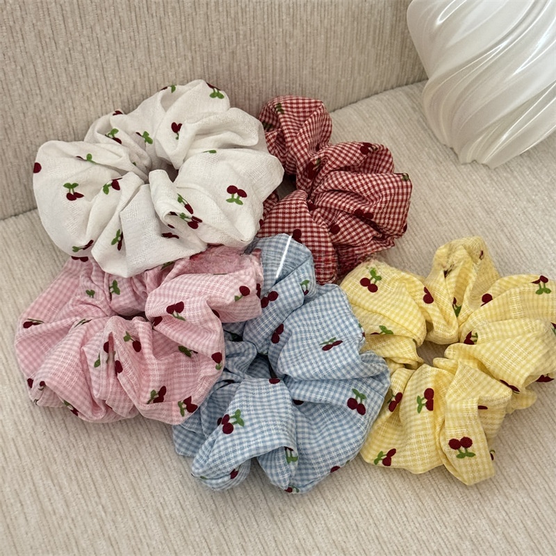 Women's All-Season Stylish Cloth Hair Scrunchies Cherry Checkered