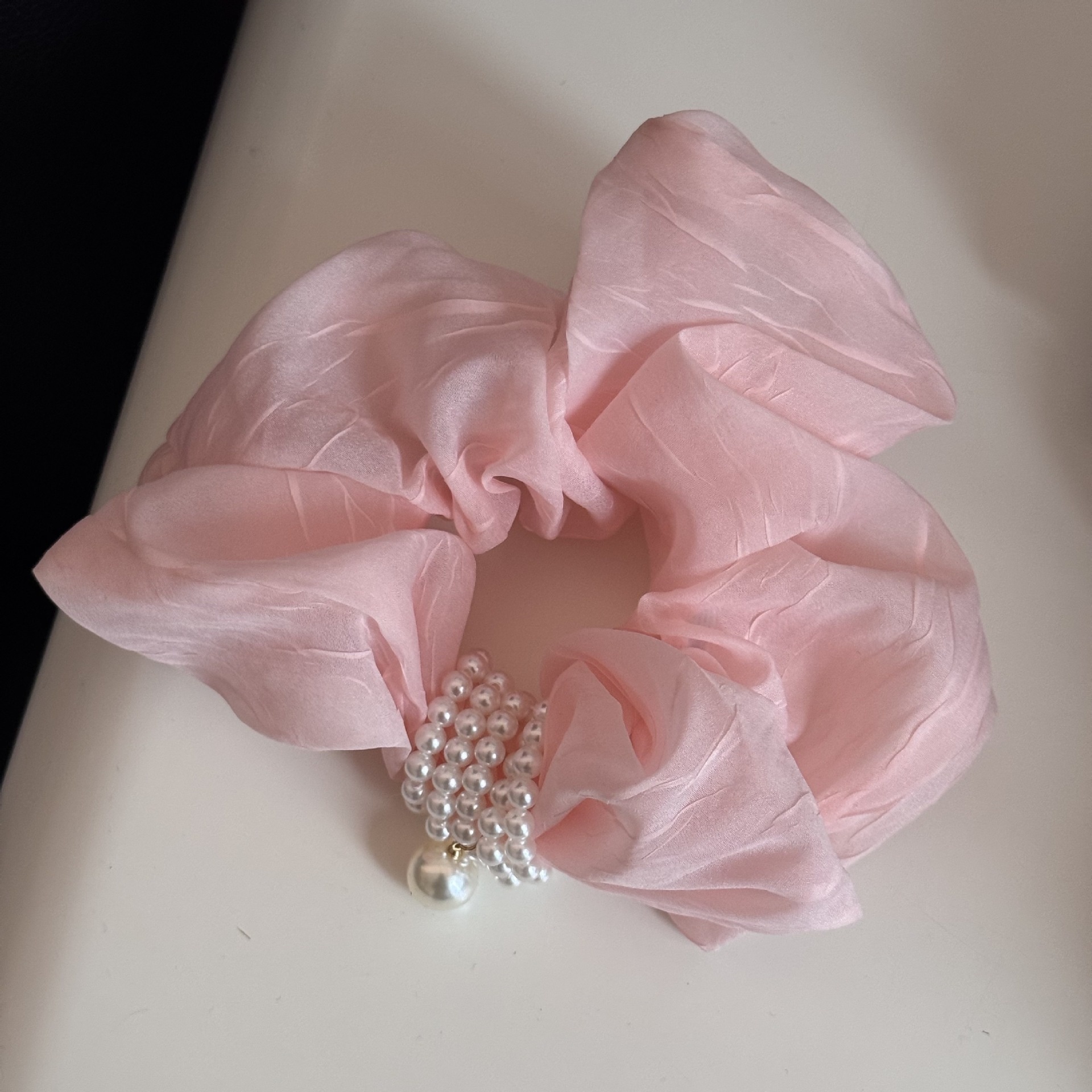 Women's Retro Tulle Pearl Hair Tie Elastic Scrunchie Beige