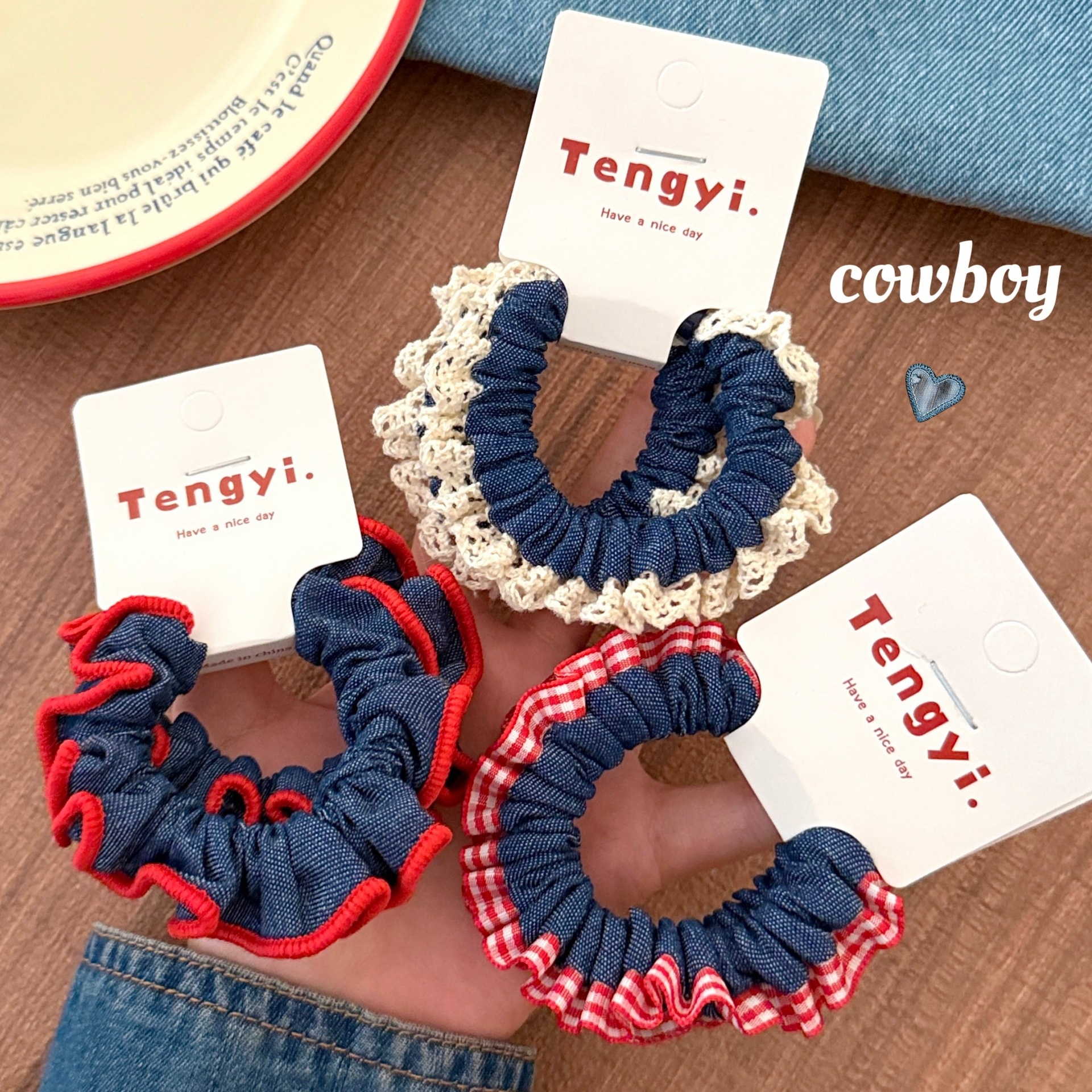 Girls Sweet Lace Trim Denim Ponytail Hair Ties Versatile Blue Cartoon Cloth