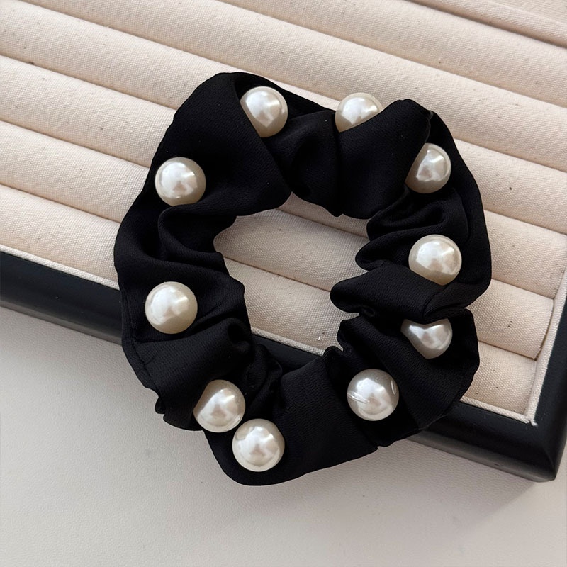 Women French Velvet Hair Scrunchie With Pearl Bow Knot Black