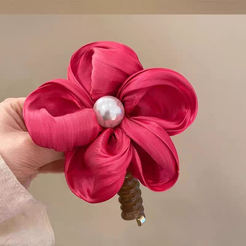 Women's High Elastic Pearl Telephone Cord Hair Tie Holiday Floral Scrunchie