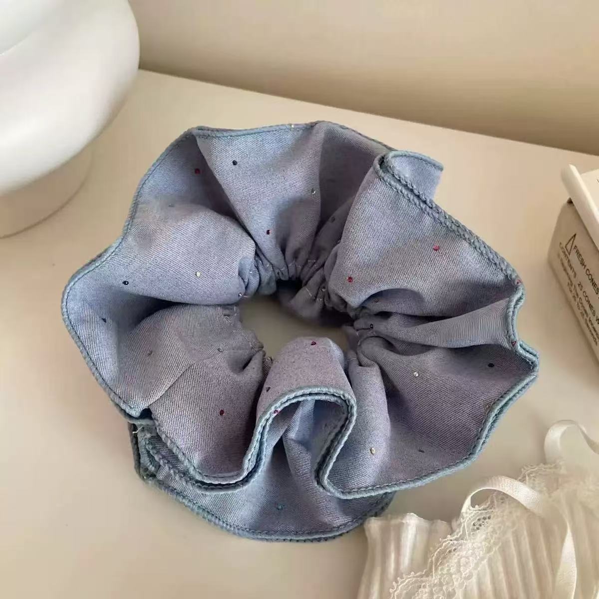 Women's Ballet Lace Hair Scrunchie Blue White Plaid Cherry Print