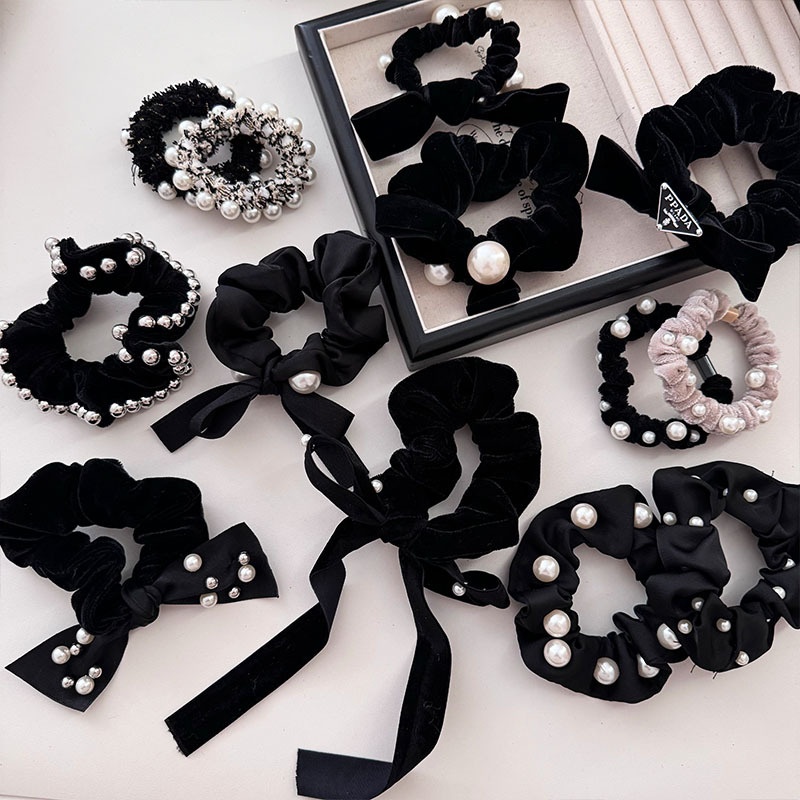Women French Velvet Hair Scrunchie With Pearl Bow Knot Black