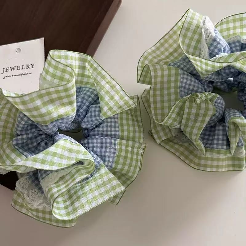 Women's Premium Oversized Lace Scrunchie Cloth Hair Tie Mint Plaid