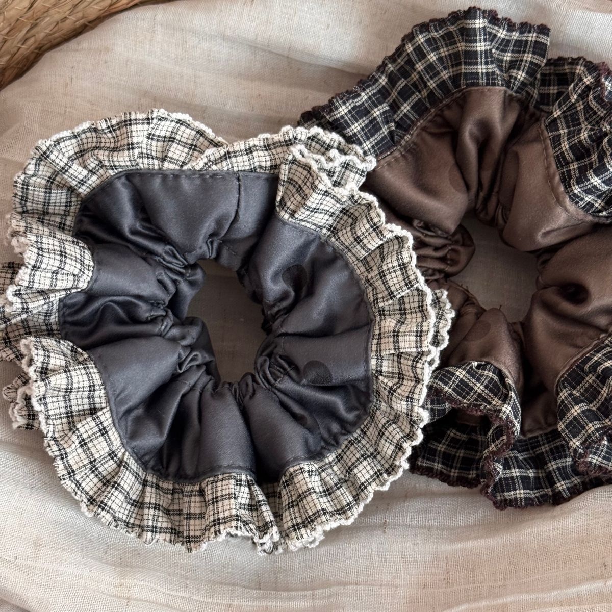 Women's Preppy Cloth Hair Tie For Daily Styling Coffee Grey Plaid