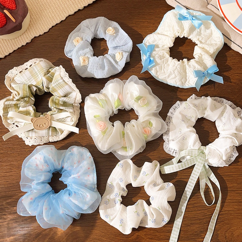 Women's Sweet Lace Ponytail Hair Tie Cloth Scrunchie Coral Lily Floral