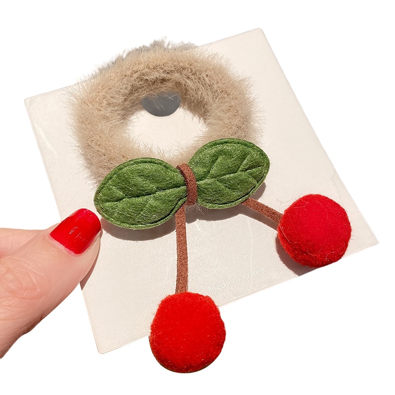 Women's Sweet Furry Cherry Ball High Elastic Hair Bands Rose Red