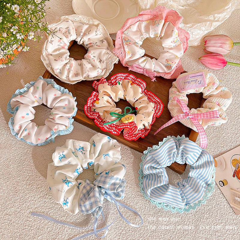 Women Daily Oversized High Elastic Lace Hair Scrunchie Elegant Floral