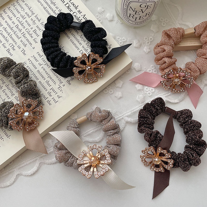 Women's Autumn Cloth Hair Tie Black Rhinestone Four Leaf Clover