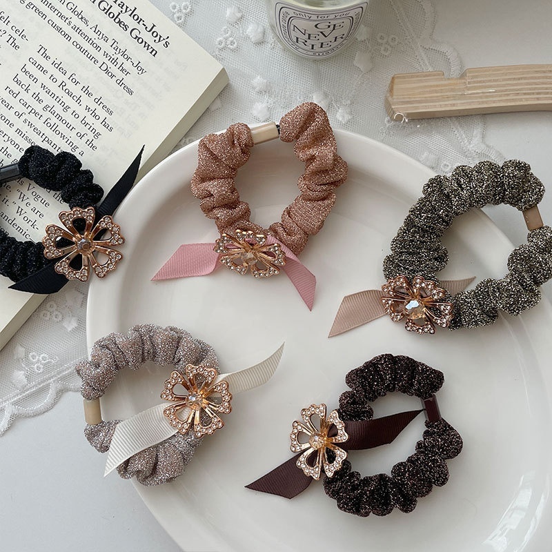 Women's Autumn Cloth Hair Tie Black Rhinestone Four Leaf Clover