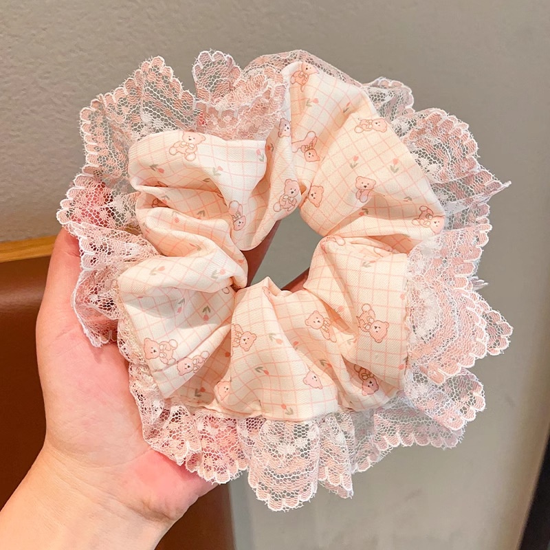 Women Spring Summer Cloth Hair Scrunchie Tie Romantic Polka Dot Lace
