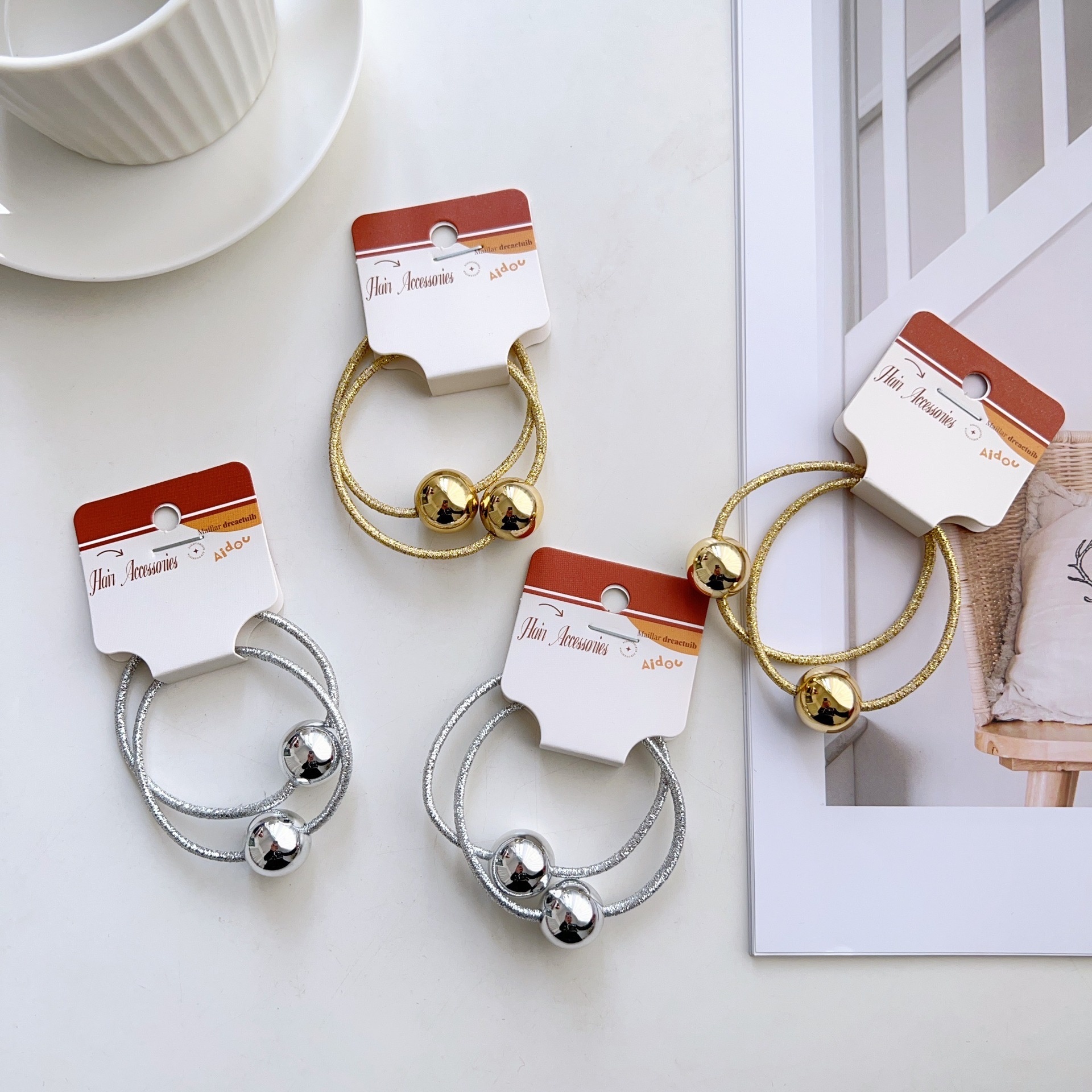 Women's Vintage Acrylic Ponytail Hair Ties Gold And Silver Round Bead