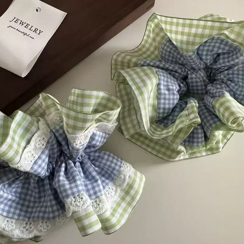 Women's Premium Oversized Lace Scrunchie Cloth Hair Tie Mint Plaid