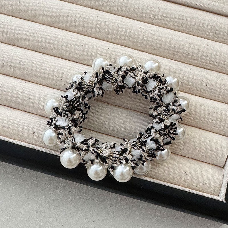 Women French Velvet Hair Scrunchie With Pearl Bow Knot Black