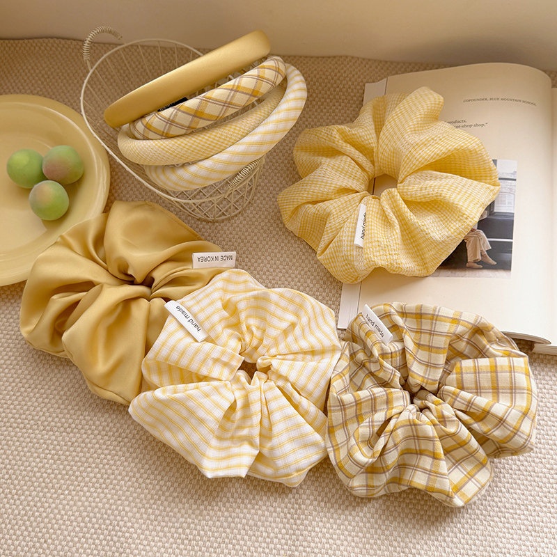 Women's Sweet Satin Hair Tie For Autumn And Winter Yellow Plaid