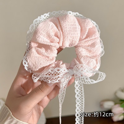 Women Spring Summer Cloth Hair Scrunchie Tie Romantic Polka Dot Lace