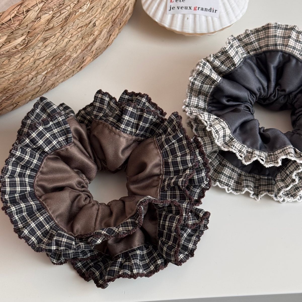 Women's Preppy Cloth Hair Tie For Daily Styling Coffee Grey Plaid