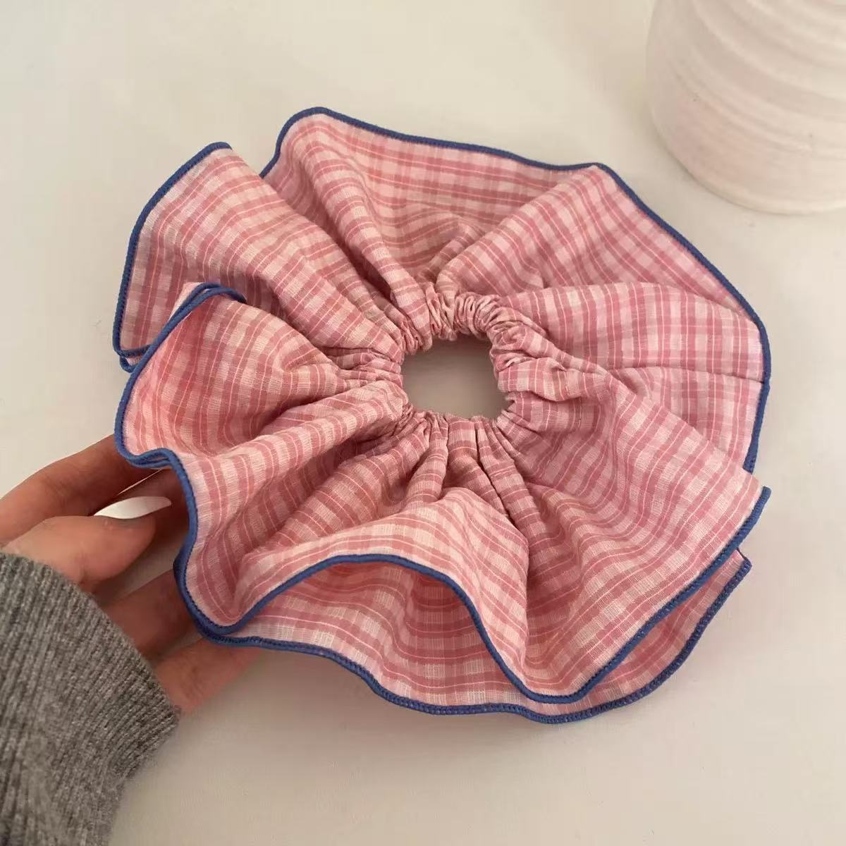 Women's Premium Oversized Lace Scrunchie Cloth Hair Tie Mint Plaid