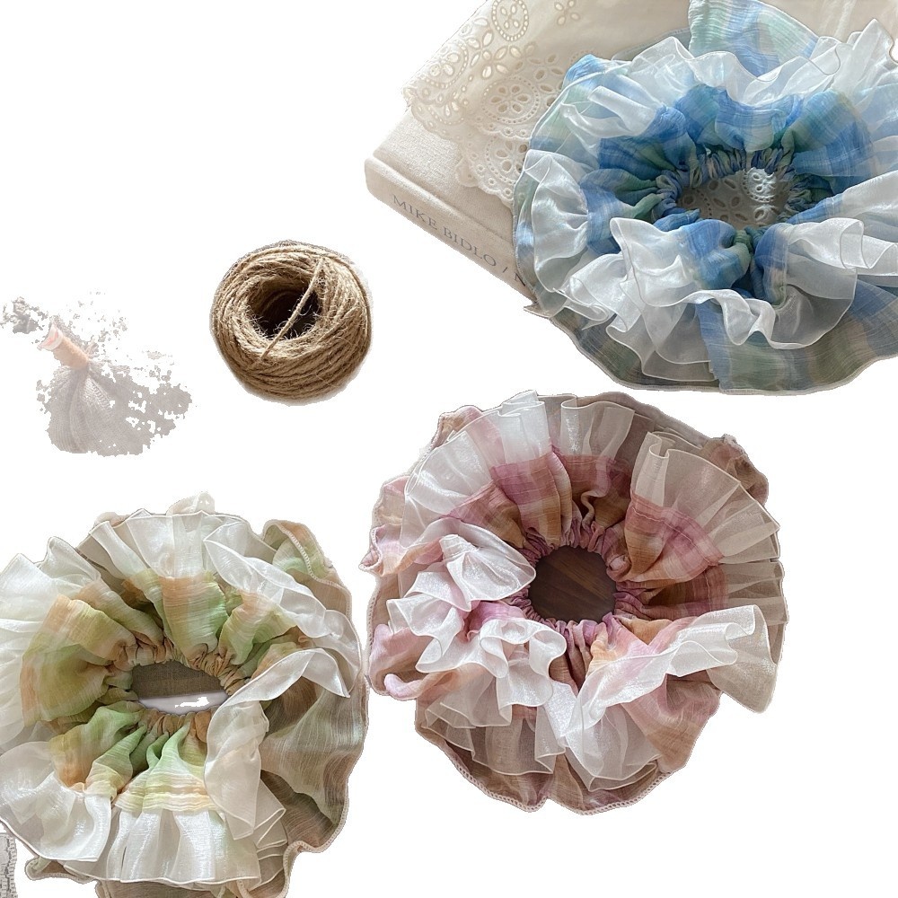 Women's Elegant French Gauze Hair Tie For Autumn Daily Wear Blue Plaid