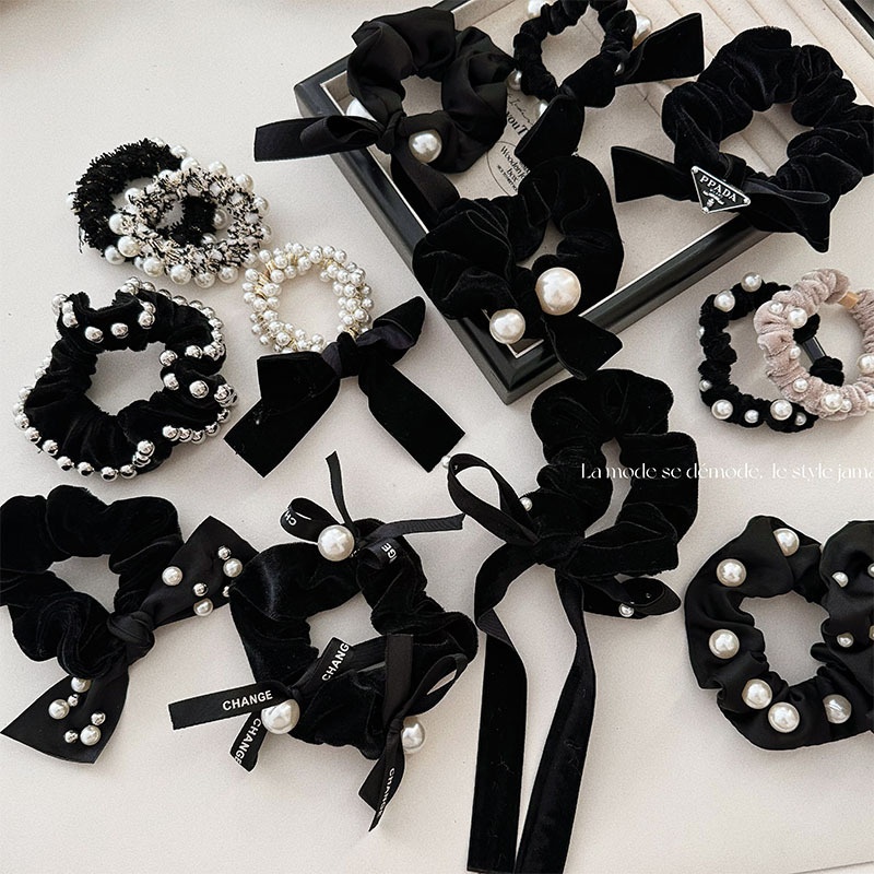Women French Velvet Hair Scrunchie With Pearl Bow Knot Black
