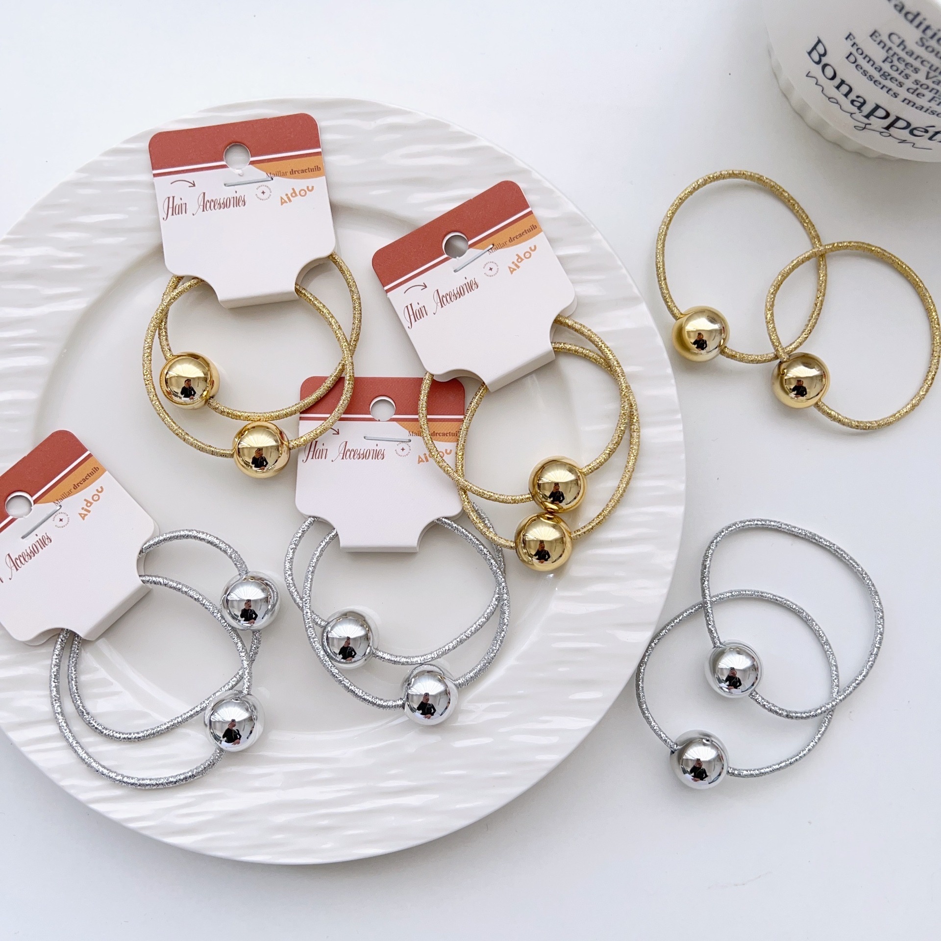 Women's Vintage Acrylic Ponytail Hair Ties Gold And Silver Round Bead