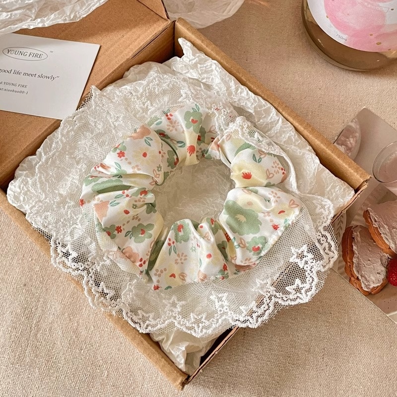 Women's Cloth Lace Scarf Scrunchie Daily Hair Tie Spring Tulip Floral