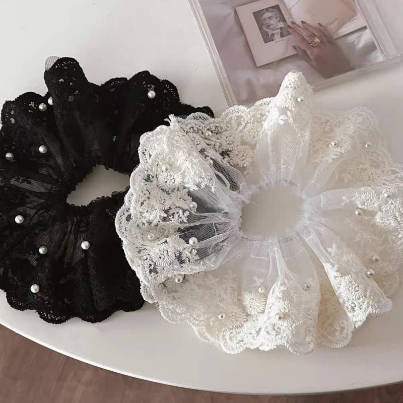 Women's Pearl Lace Ruffle Low Bun Scrunchies Ocean Rose Pattern