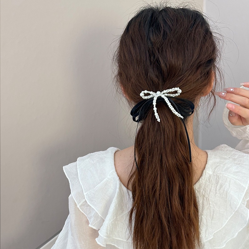 Women's Elegant Bow Knot Hair Tie with Imitation Pearls, Beige & Black