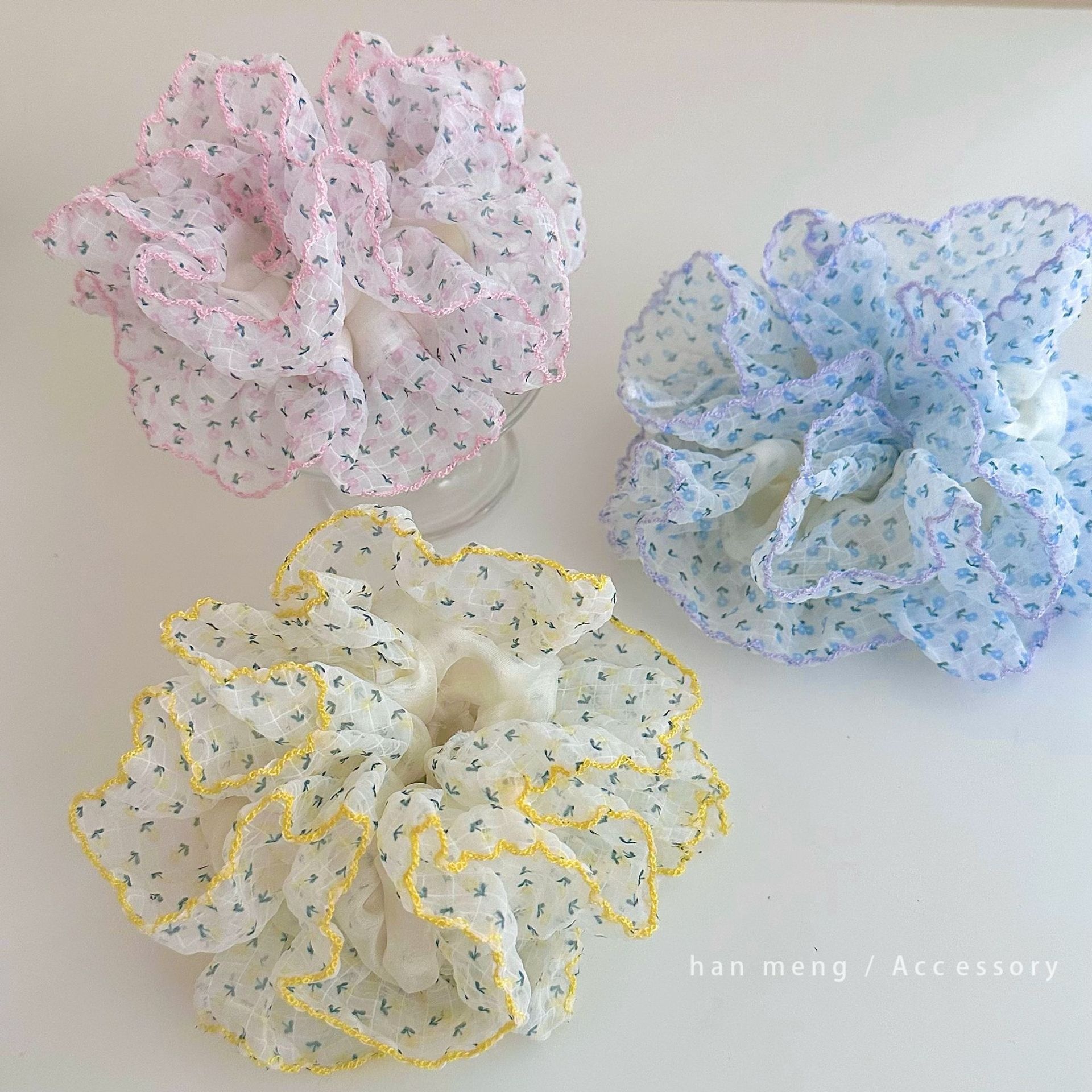 Women's Soft Lace Ponytail Hair Ties Sweet Ditsy Floral Color Collision