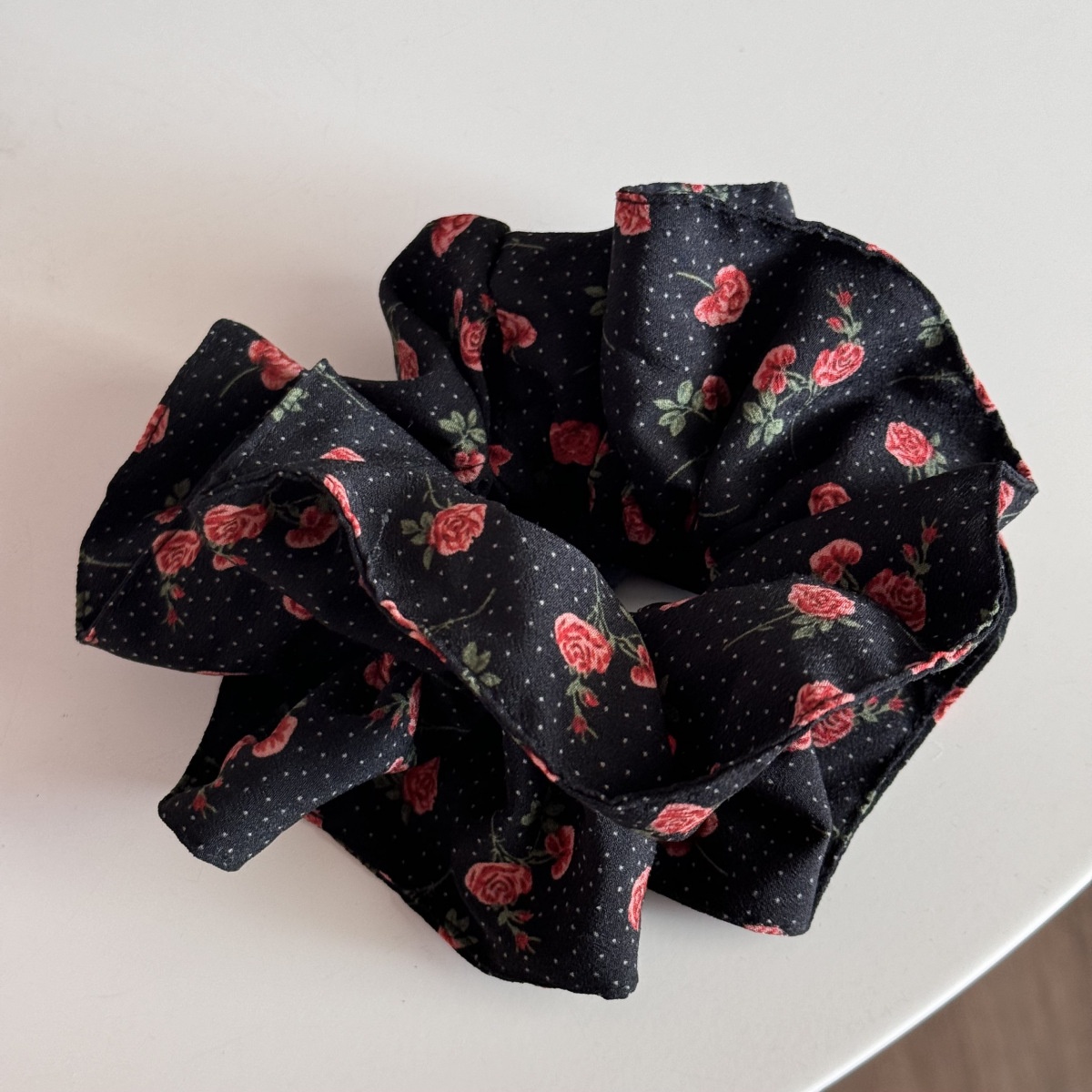 Women's Elegant Lace Rose Scrunchie Hair Accessories Pink Black Polka Dots