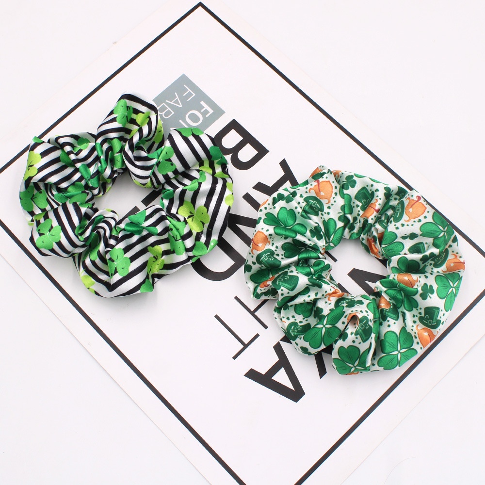 Women's 5PCS St. Patrick's Day Green Shamrock Big Bow Silk Printed Hair Ties