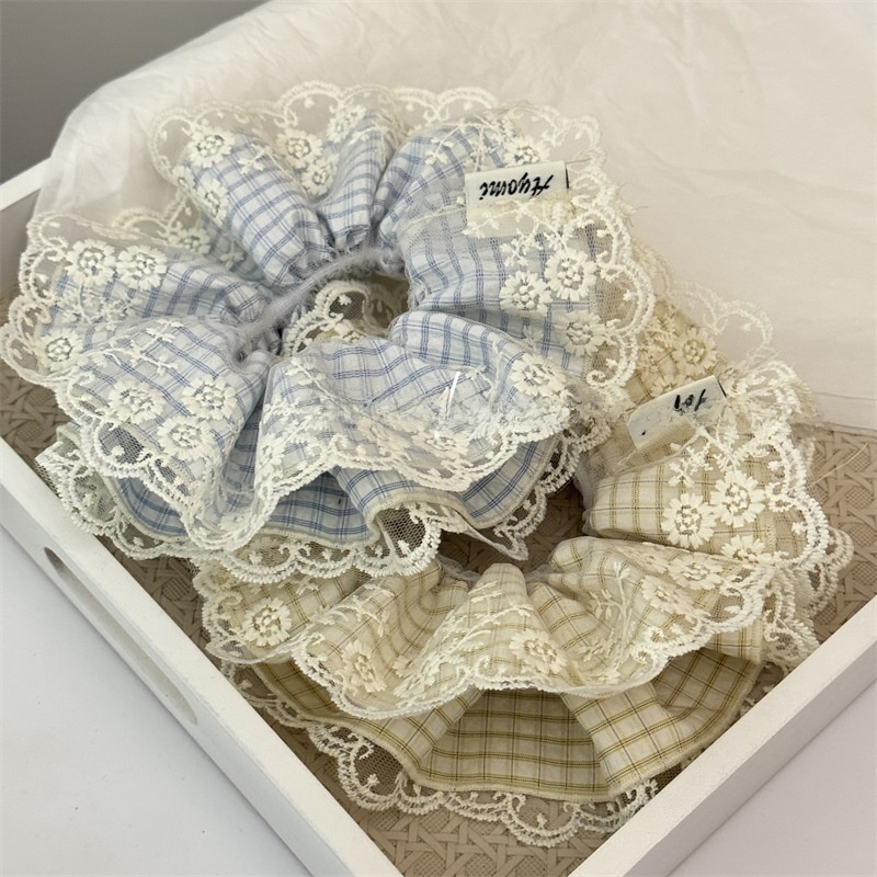 Women's Everyday Cloth Hair Scrunchies Blue Yellow Plaid Lace
