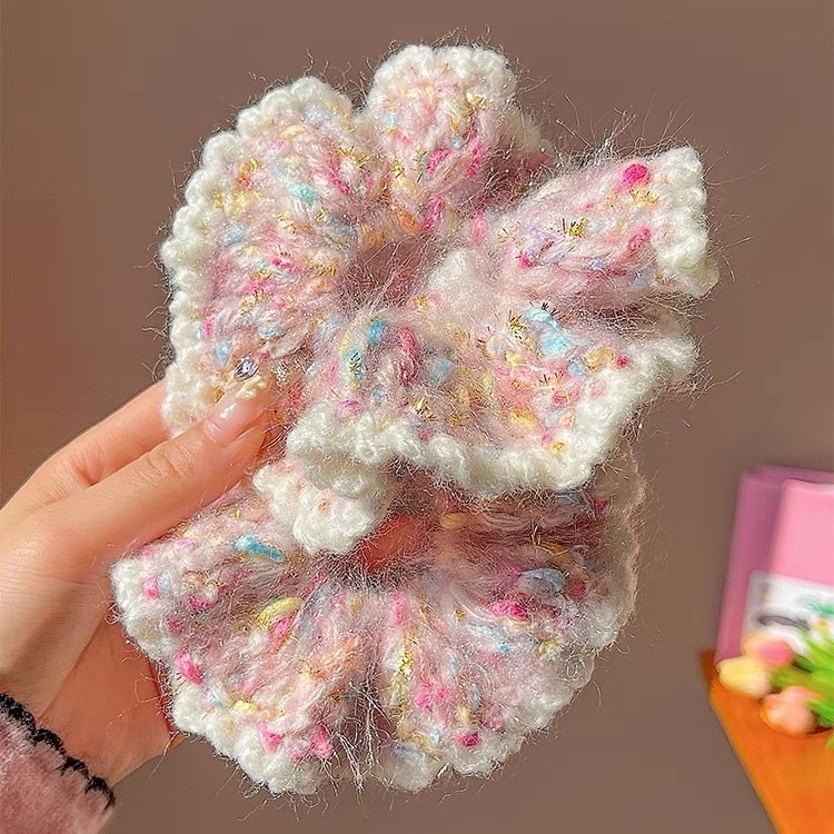 Women's Sweet Daily Handmade Large Bow Hair Tie Pink Knitted Yarn