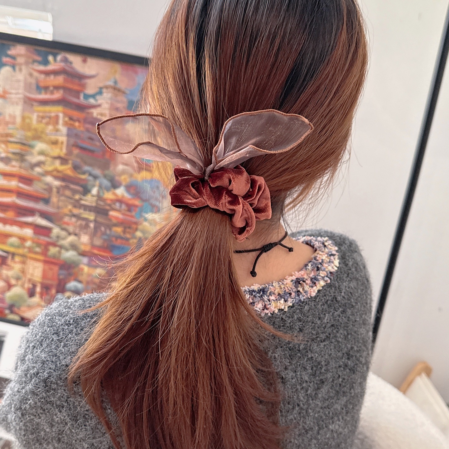 Women's Retro Velvet Mesh Rabbit Ear Bow Hair Tie Bun Fixing Khaki Coffee