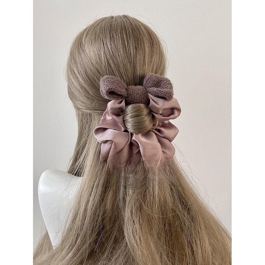 Women's Knitted Satin Plaid Bow Headband Autumn Winter Elastic Hair Accessories