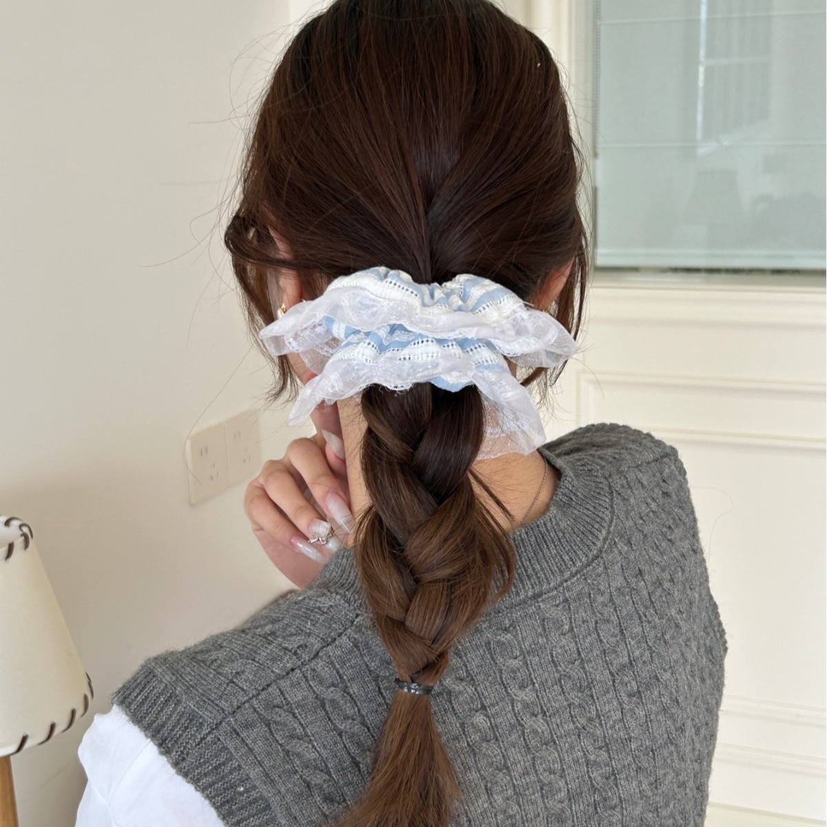 Women's Spring Summer Sweet Cloth Bow Knot Hair Tie Blue Plaid Lace