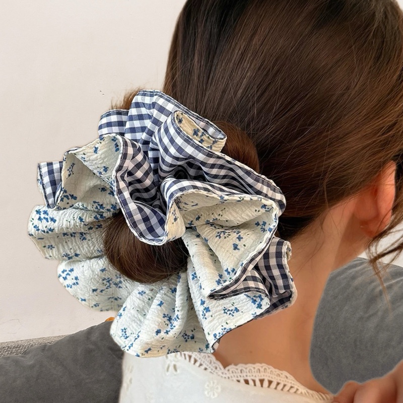 Women's Elegant Cotton Hair Ties Headscarves Blue Plaid Floral