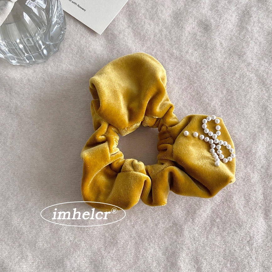 Women's Soft Velvet Pearl Bowknot Hair Tie Yellow Heart Shape