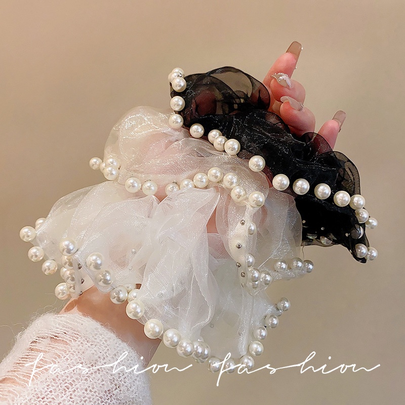 Women's Extra Large Mesh Pearl Scrunchie Bun Styling Hair Tie