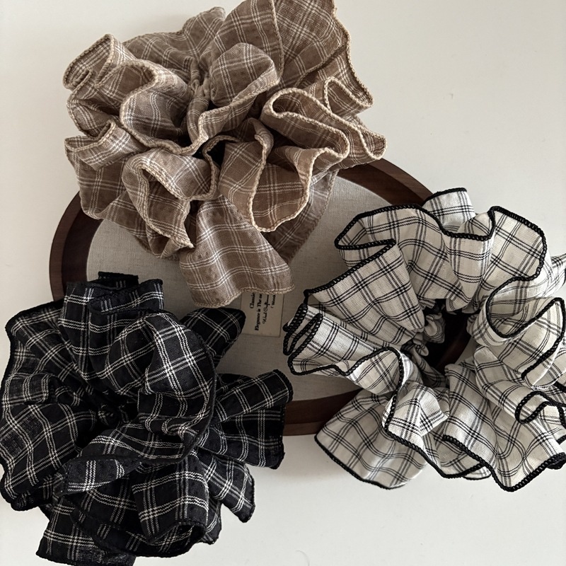 Women's Large 4-Layer Fabric Hair Tie For Daily Wear Plaid Khaki Beige Black