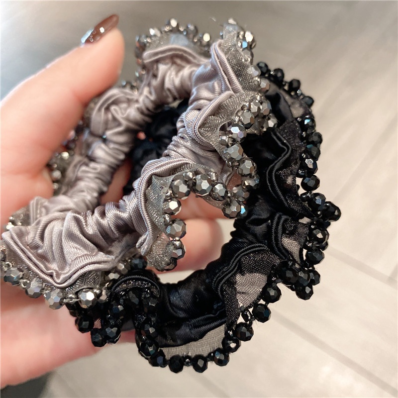 Women's High Elastic Cloth Crystal Daily Hair Bun Tie Solid Grey Black