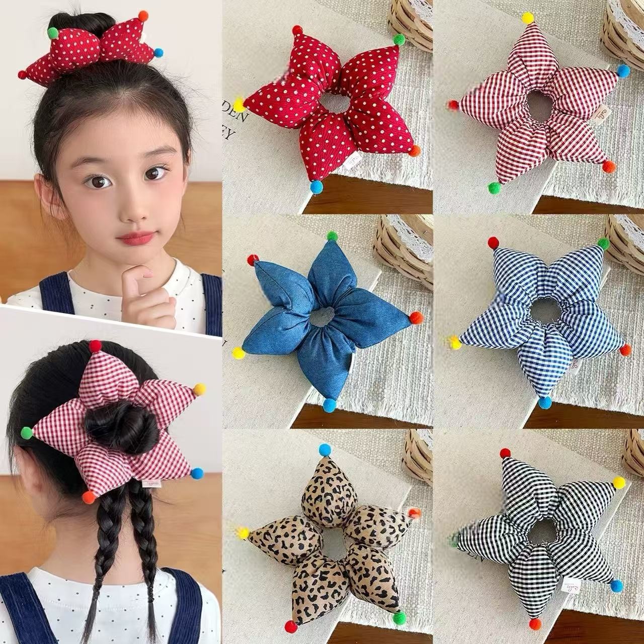 Girls Soft Cloth Bubble Braid Hair Tie Daily Wear Red Pentagram Pattern