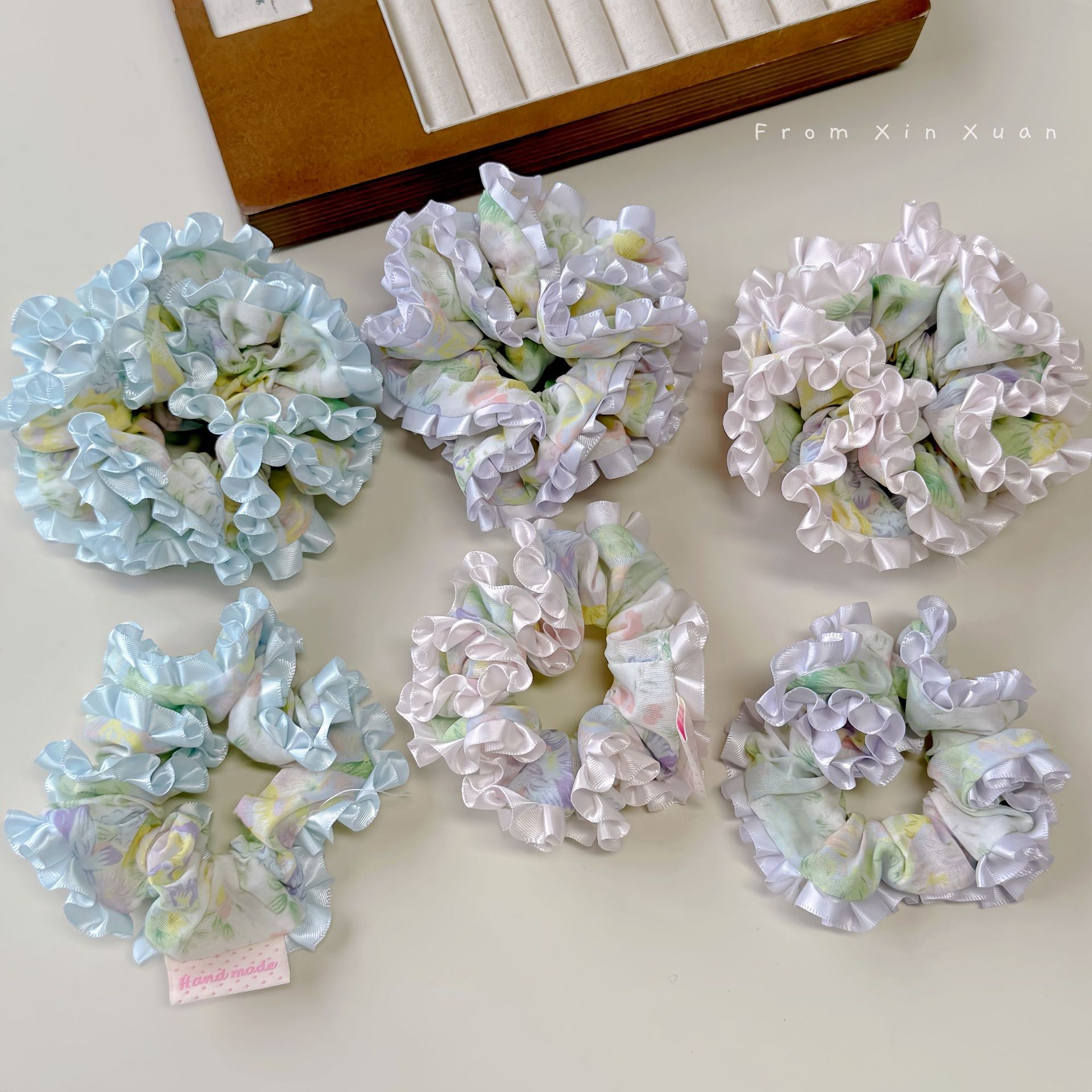 Girls Sweet Floral Print Gauze Bowknot Hair Ties Forest Style Elastic Bands