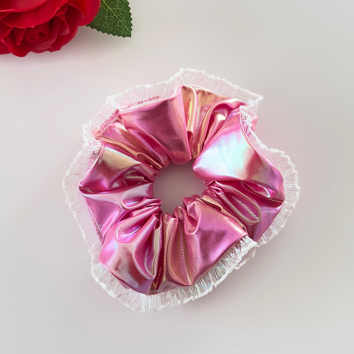 Women Festive Large PU Leather Hair Tie Laser Cut Lace Pink Rose Gold