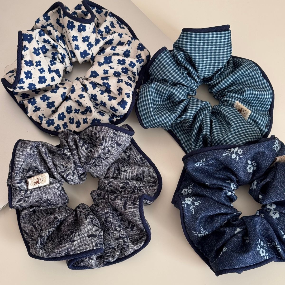 Women's French Style Cloth Spring Hair Tie Navy Blue Floral Plaid