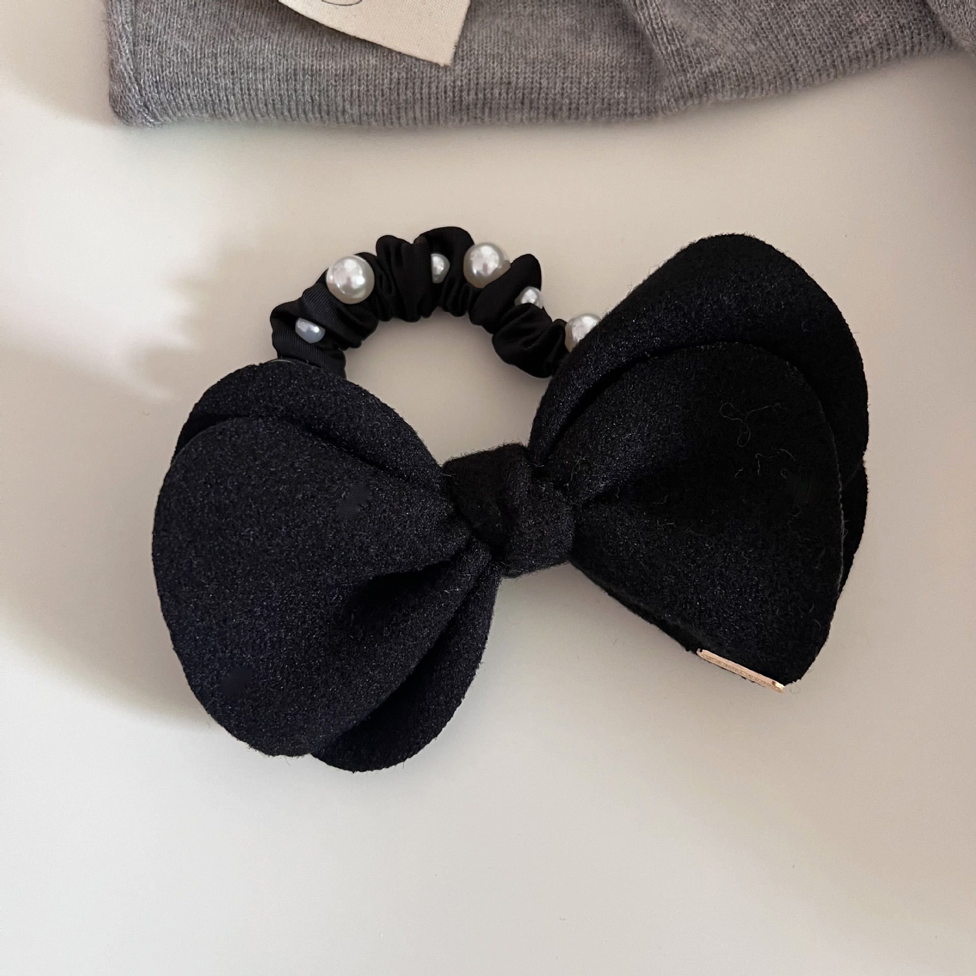 Women's Cute Woolen Pearl Ponytail Hair Tie Autumn Winter Bow Knot