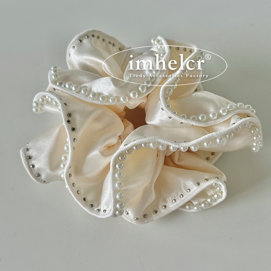 Women's French Satin Pearl Beaded Elastic Scrunchie Solid Color